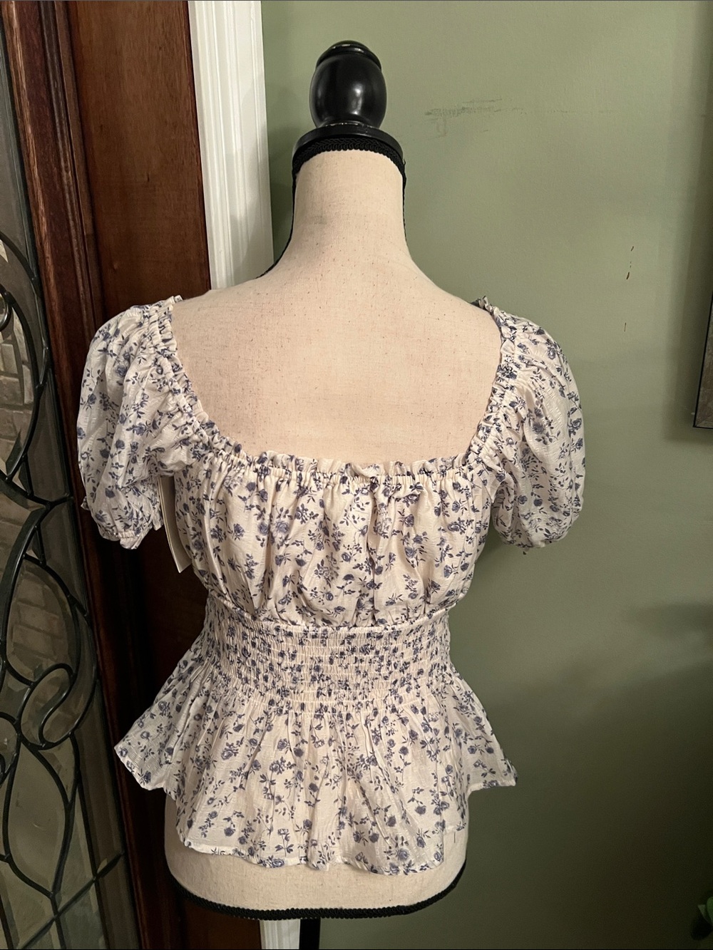 Smocked Peplum Floral Top in White and Blue - Picture 4 of 8